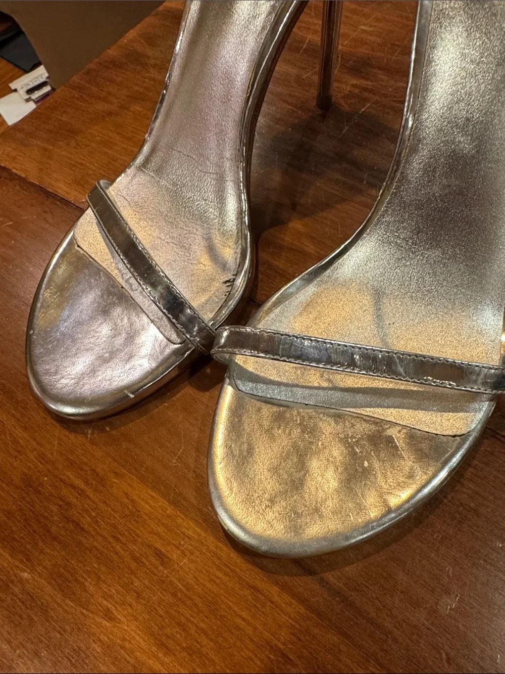 Stuart Weitzman Silver Vero Cucio Metallic Open Toe Heel Strap 8 1/2 Wedding EXC